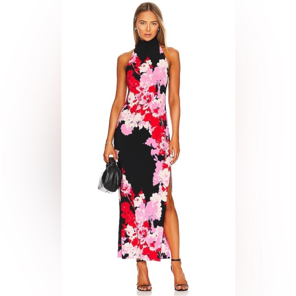 Norma Kamali Black and Pink Floral Maxi Dress